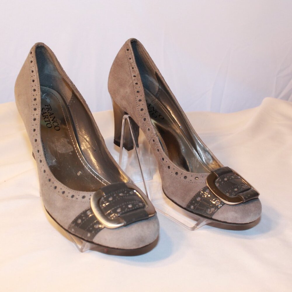 Franco Sarto Size 7.5M PAVER Gray Suede With Contrast Patent Buckle Heel Pump